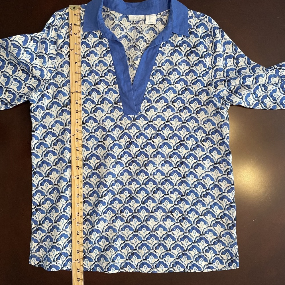 Sigrid Olsen Linen Patterned Tunic Top Blue L Resort Beach Coastal Sustainable - Picture 10 of 10